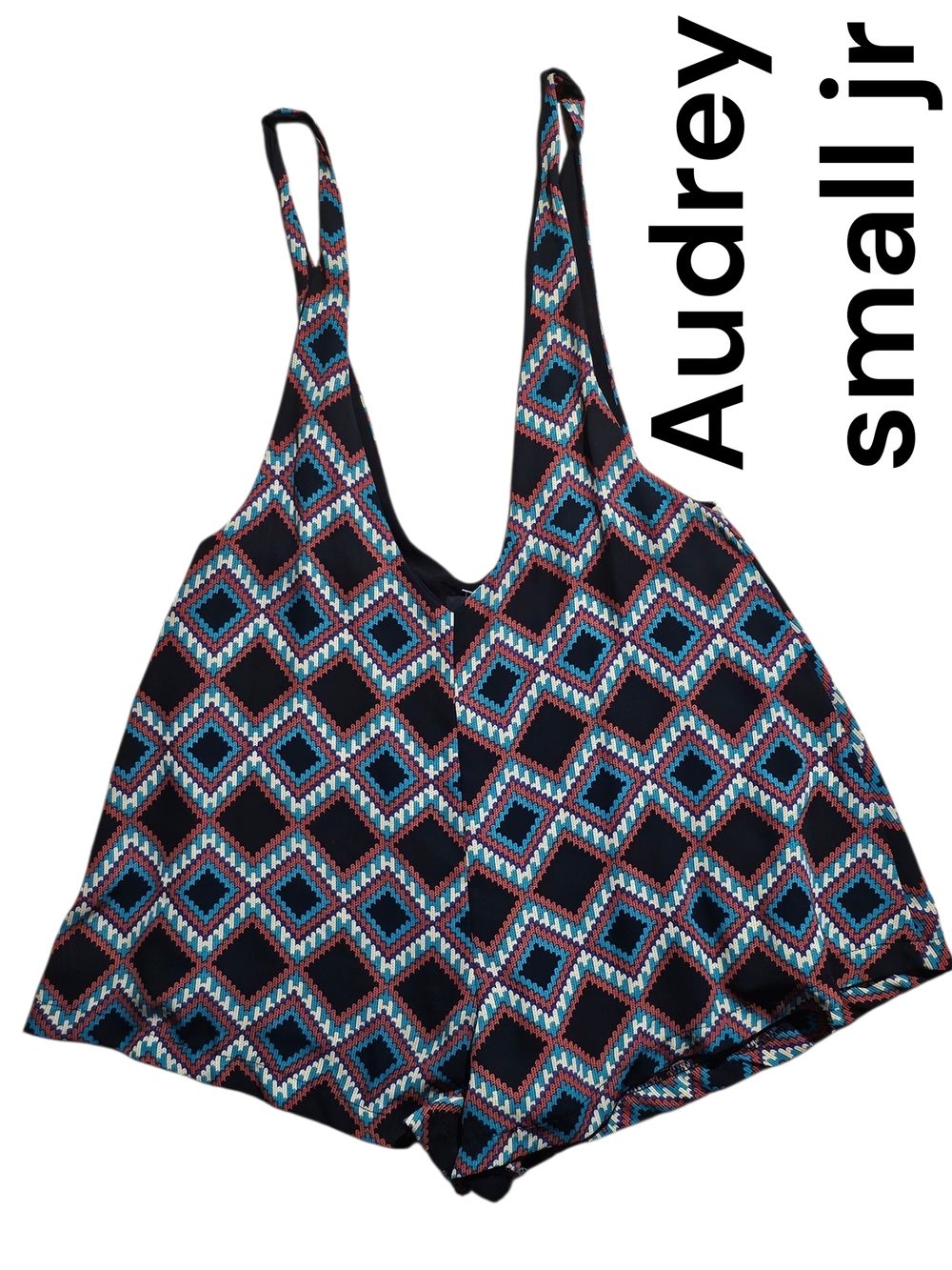 audrey Black Geometric Print Romper with Blue & Pink Accents